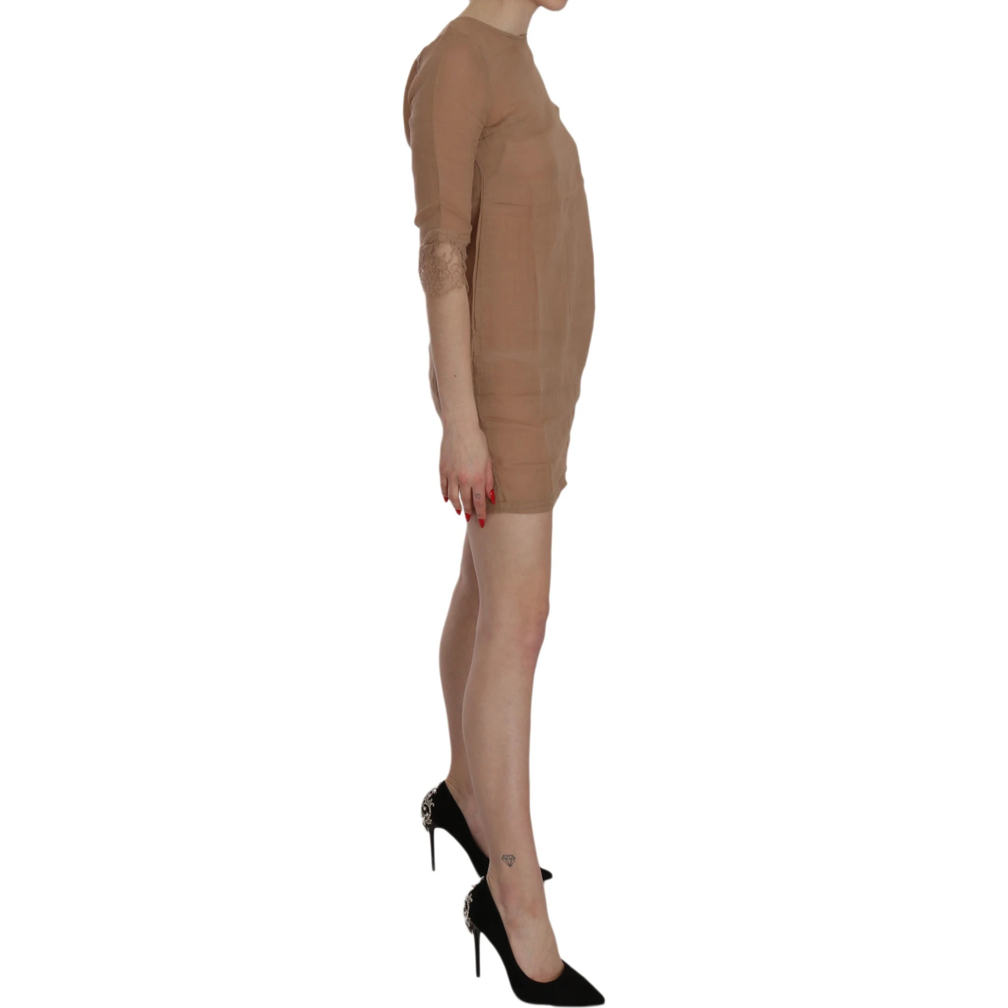 Brown 3/4 Sleeve Crewneck Shift Mini Dress