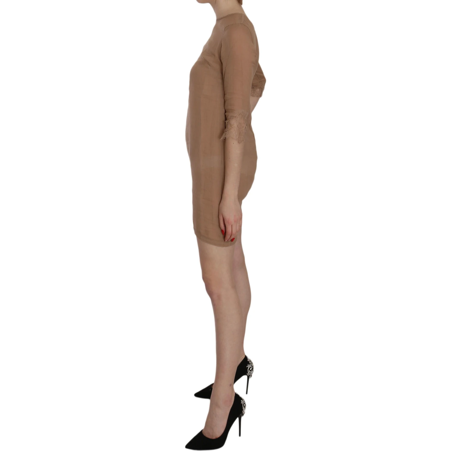Brown 3/4 Sleeve Crewneck Shift Mini Dress