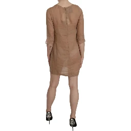 Brown 3/4 Sleeve Crewneck Shift Mini Dress