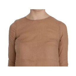 Brown 3/4 Sleeve Crewneck Shift Mini Dress