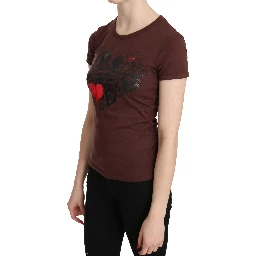 Brown Hearts Printed Round Neck T-shirt Top