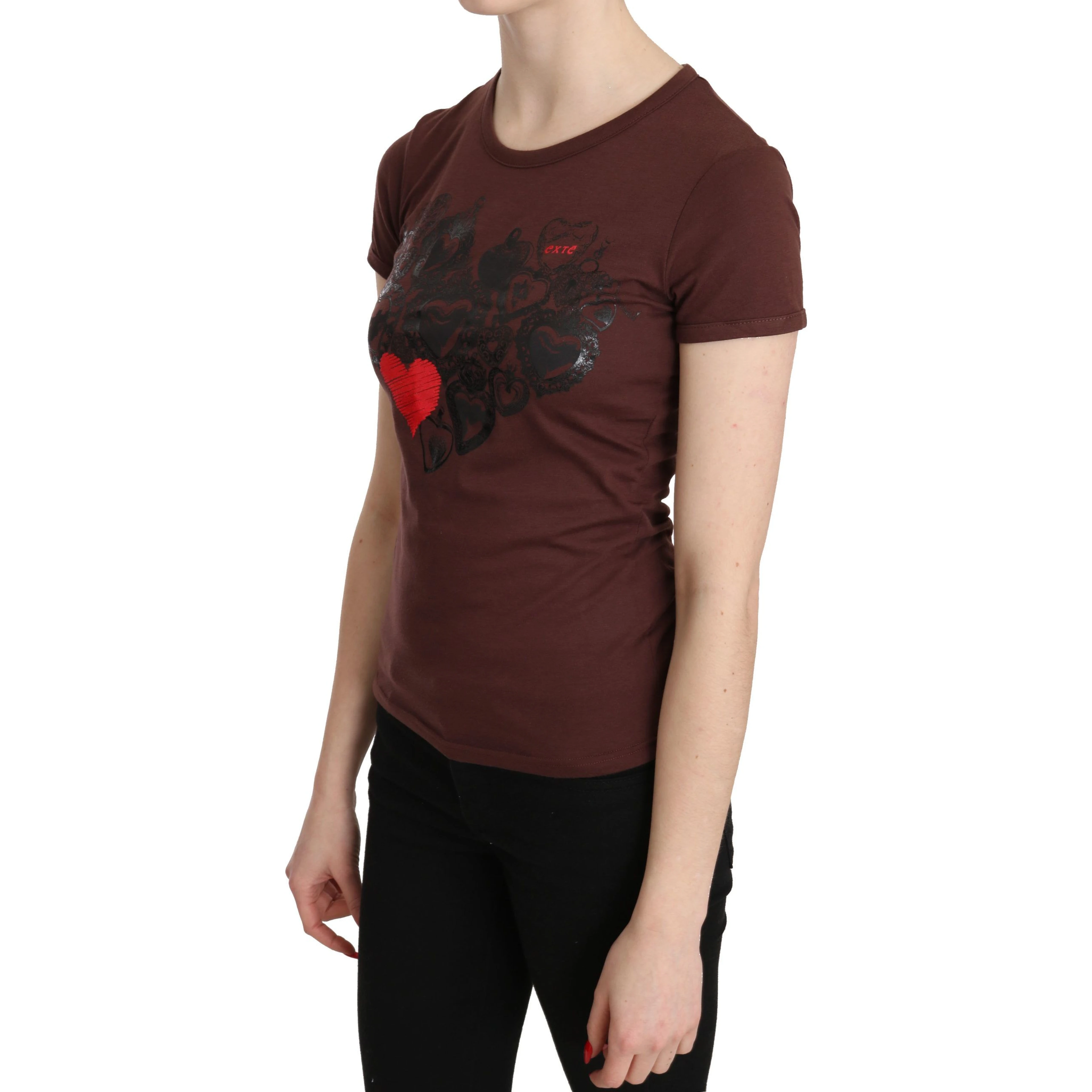 Brown Hearts Printed Round Neck T-shirt Top