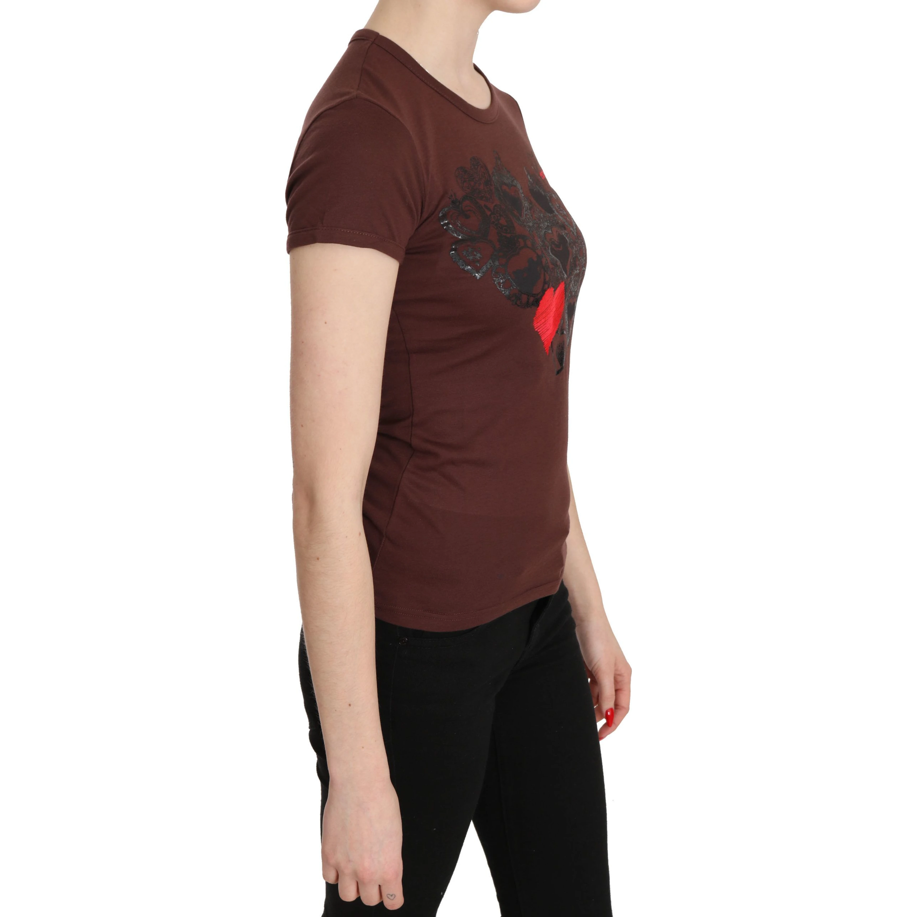 Brown Hearts Printed Round Neck T-shirt Top