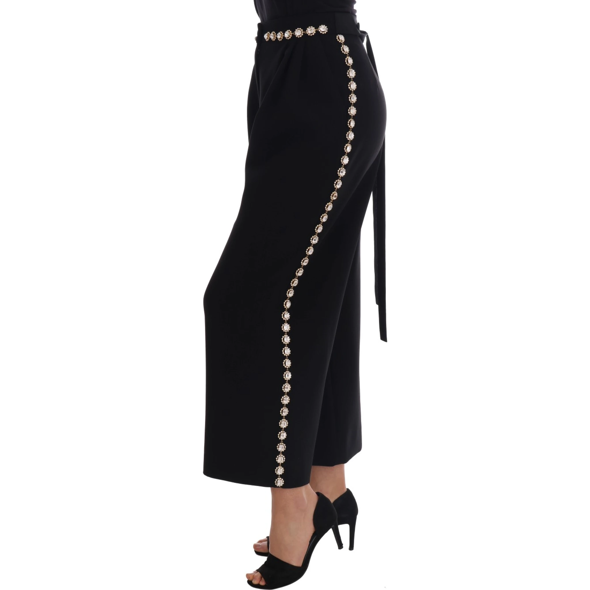 Black Wool Stretch Crystal Pants