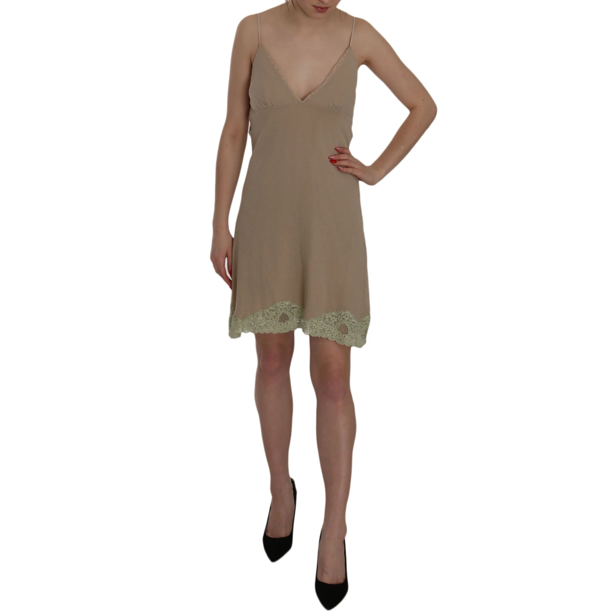 Beige Lace Spaghetti Strap Mini Cotton Dress