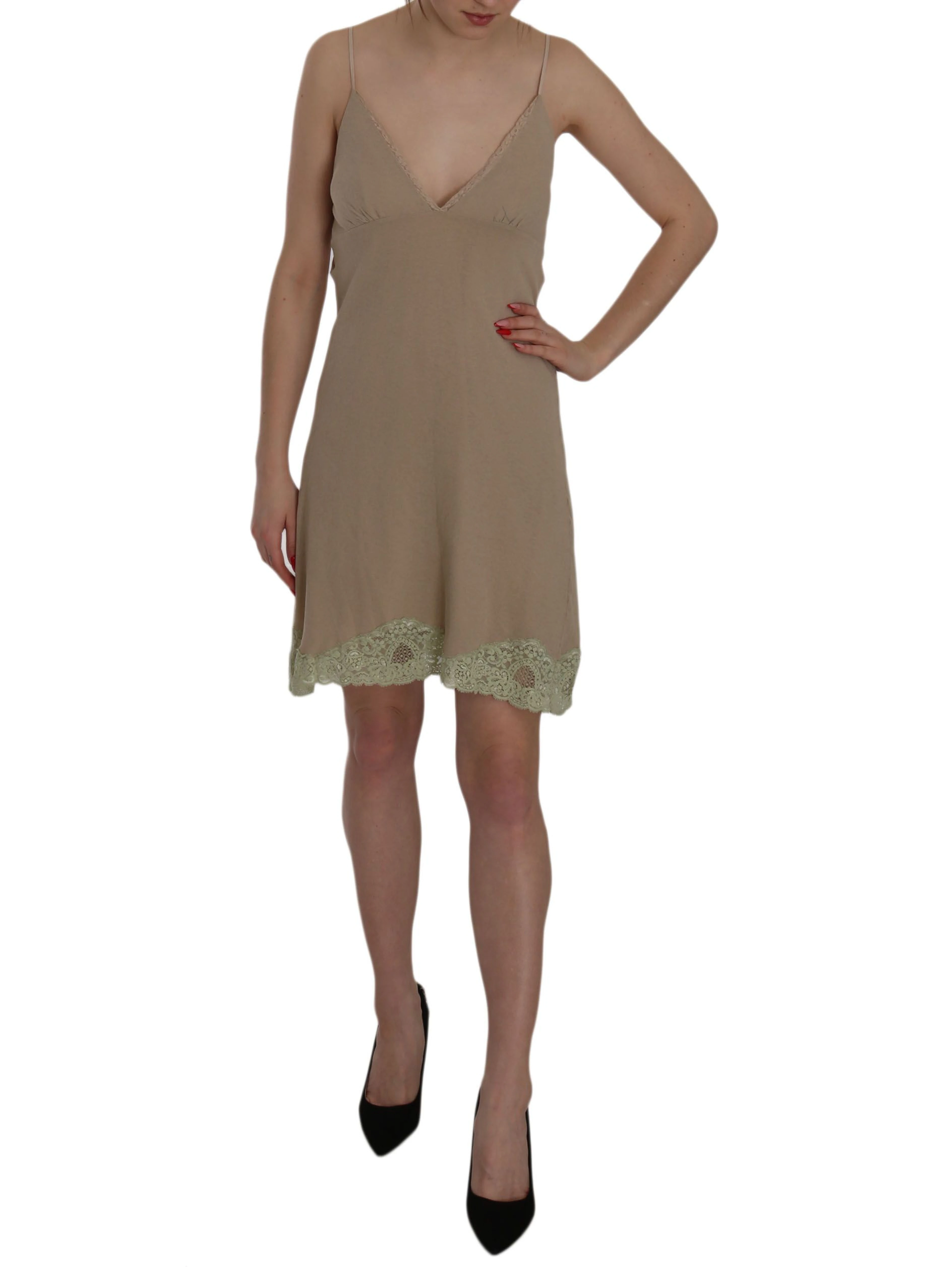 Beige Lace Spaghetti Strap Mini Cotton Dress