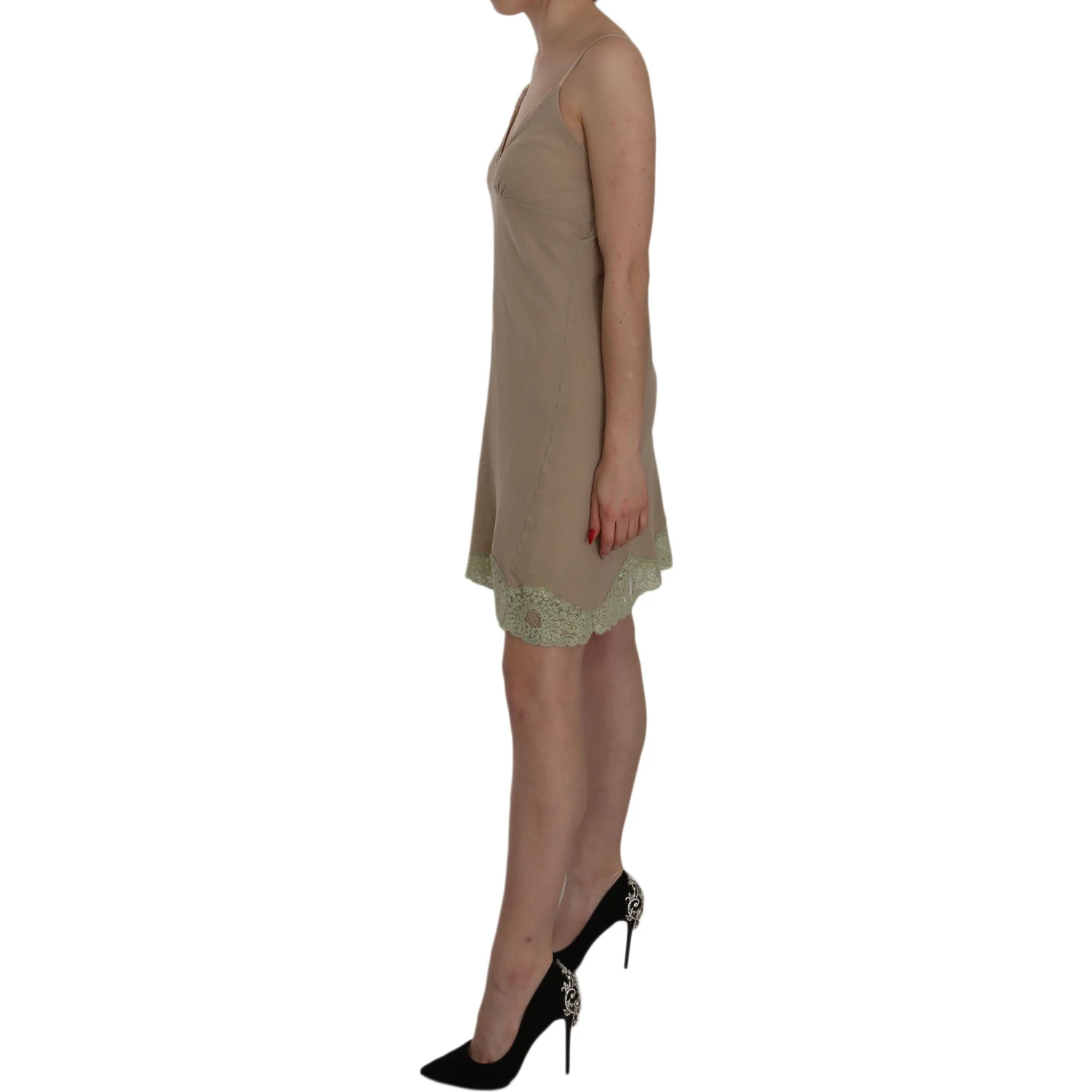 Beige Lace Spaghetti Strap Mini Cotton Dress