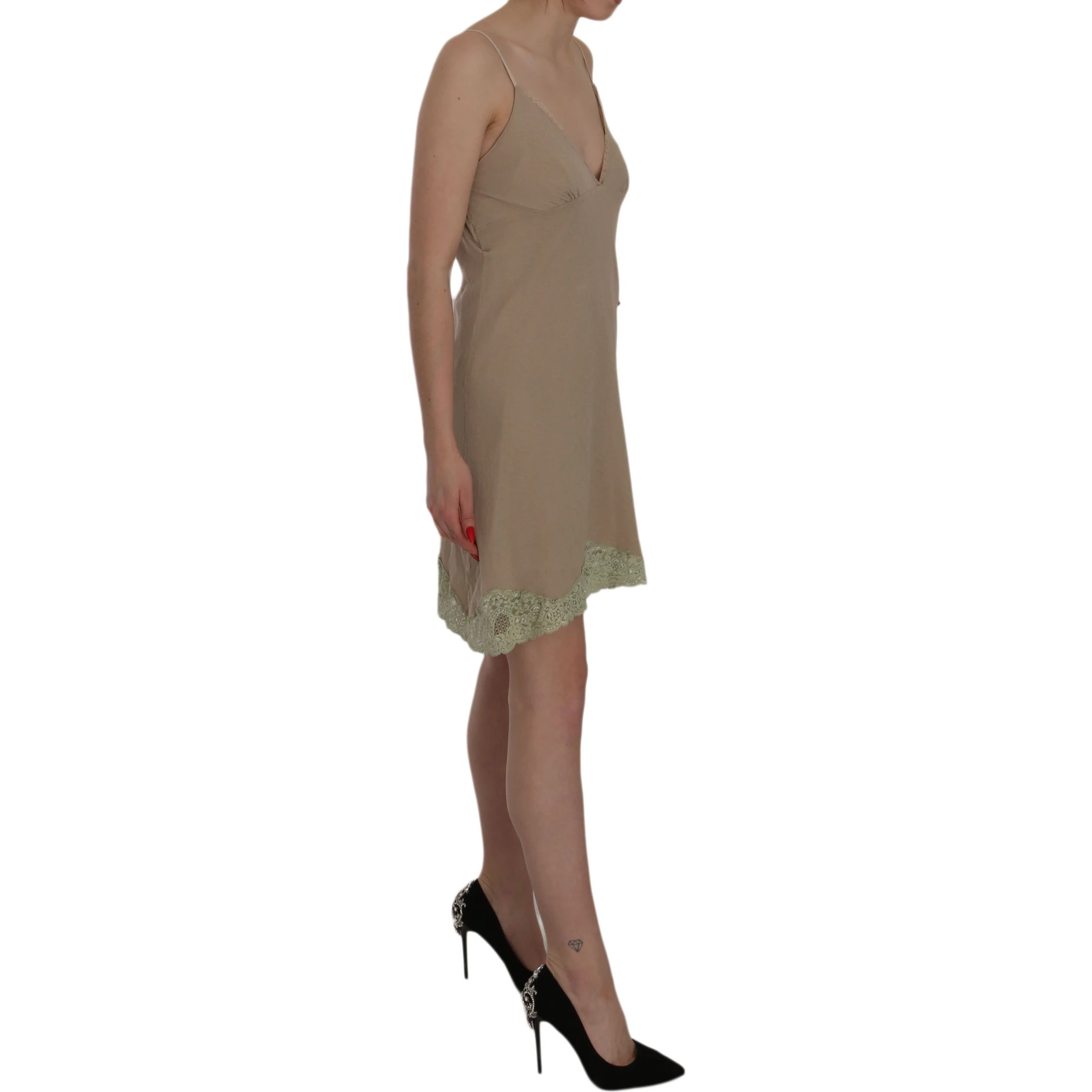 Beige Lace Spaghetti Strap Mini Cotton Dress