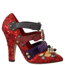 Red Sequined Crystal Studs Heels Shoes