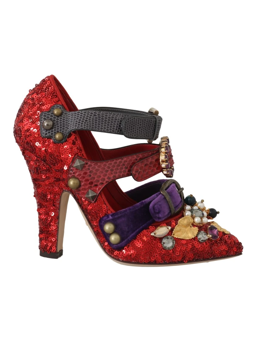 Red Sequined Crystal Studs Heels Shoes