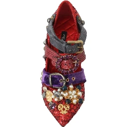 Red Sequined Crystal Studs Heels Shoes