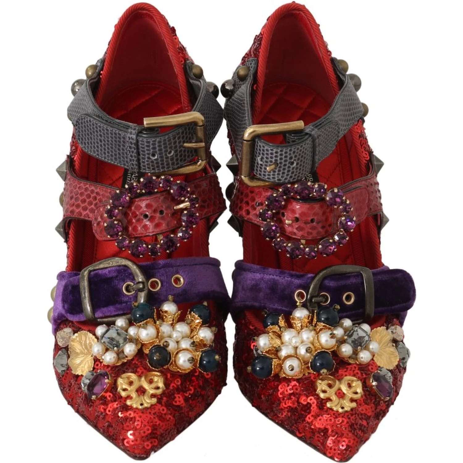 Red Sequined Crystal Studs Heels Shoes