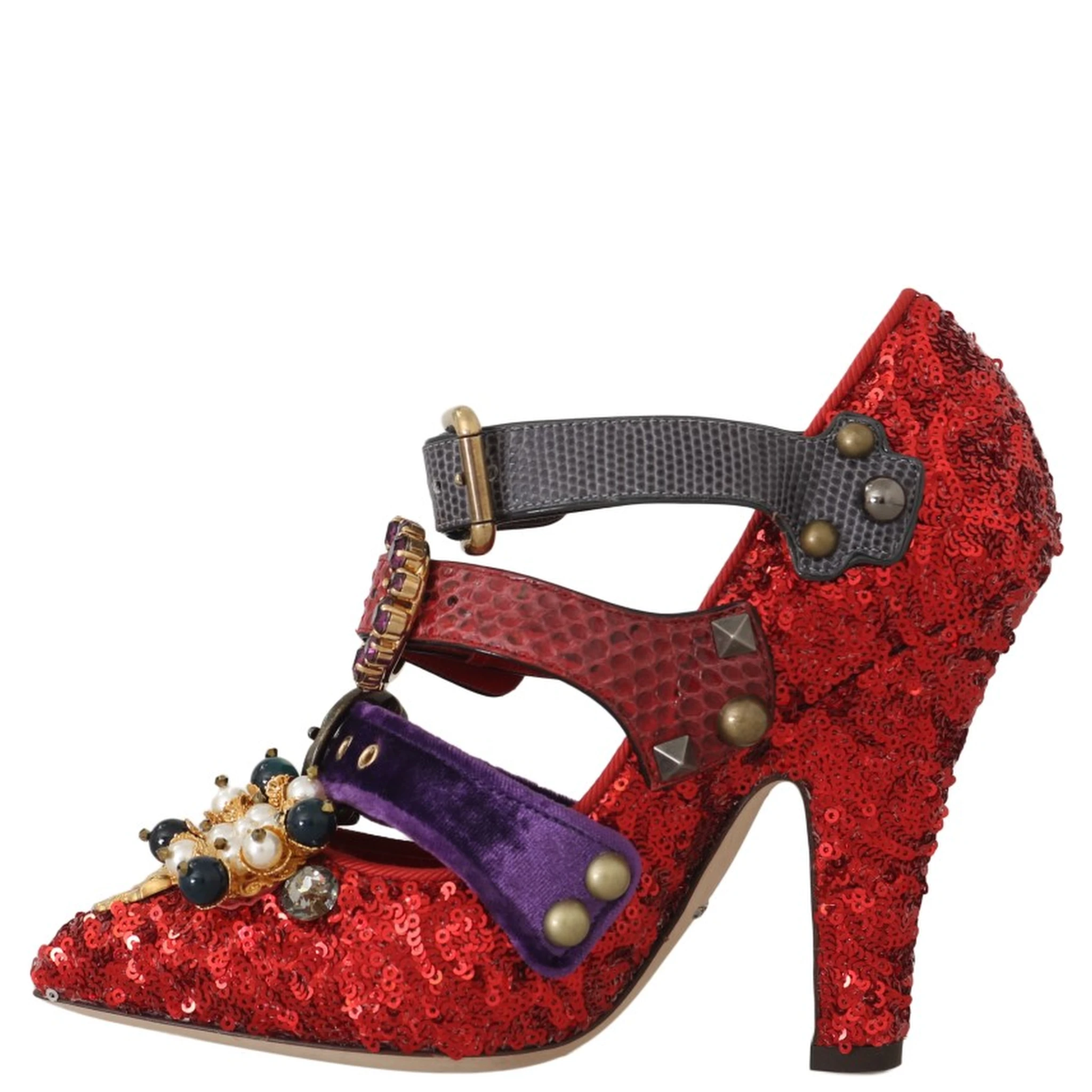Red Sequined Crystal Studs Heels Shoes