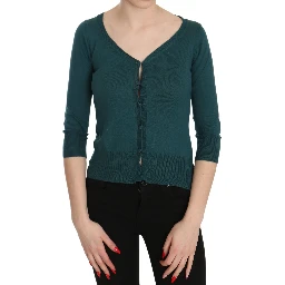 Blue Green Cotton 3/4 Sleeve Cardigan Top Blouse