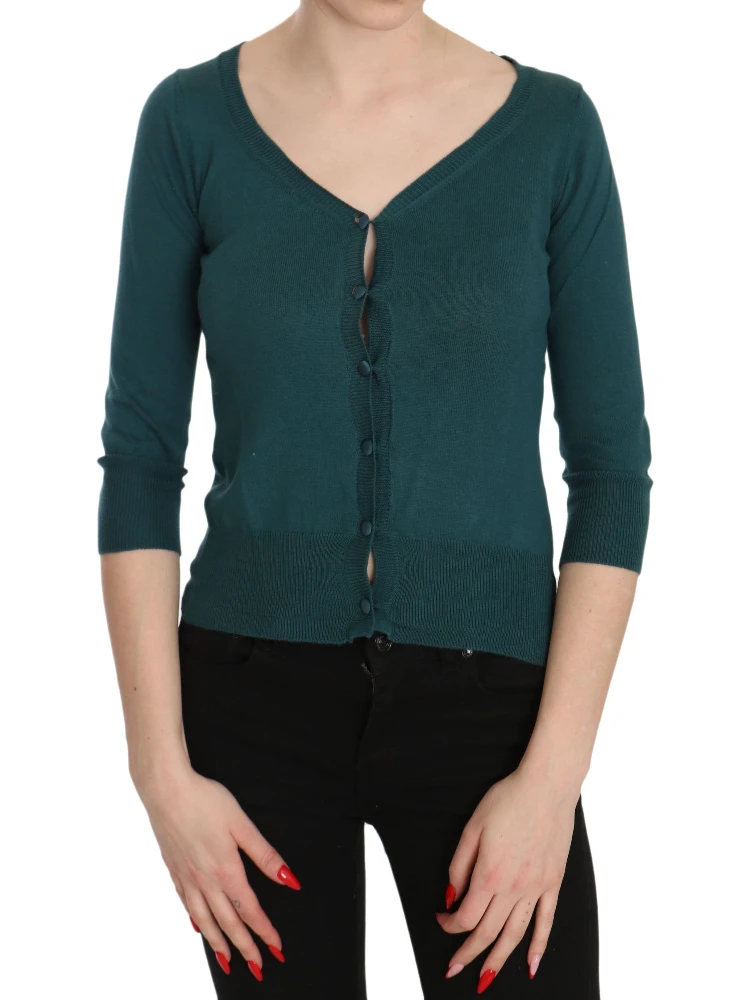 Blue Green Cotton 3/4 Sleeve Cardigan Top Blouse