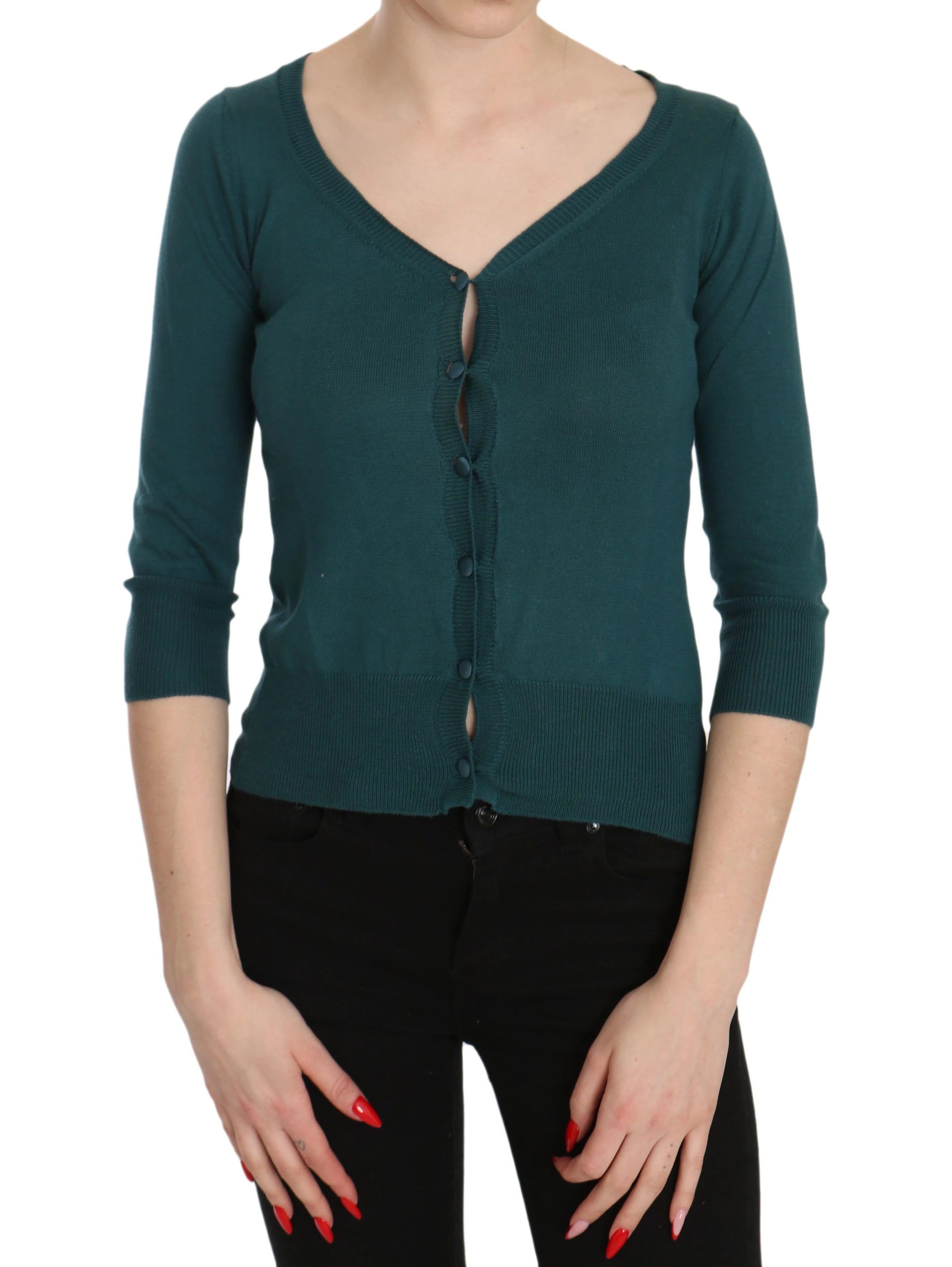 Blue Green Cotton 3/4 Sleeve Cardigan Top Blouse
