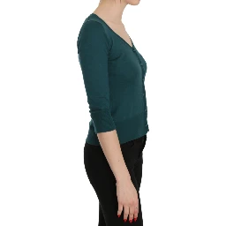 Blue Green Cotton 3/4 Sleeve Cardigan Top Blouse