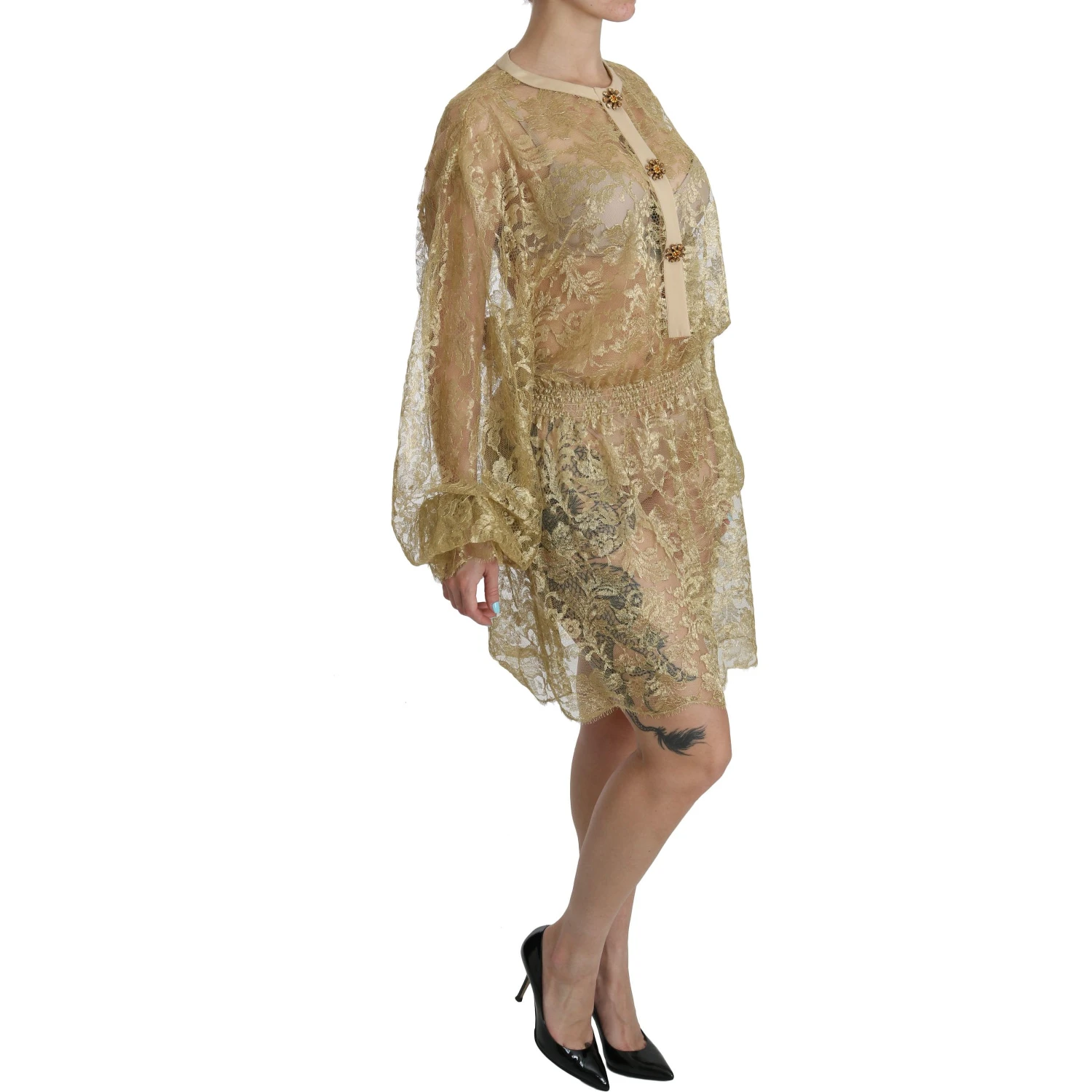 Gold Lace See Through A-Line Knee Length Dress