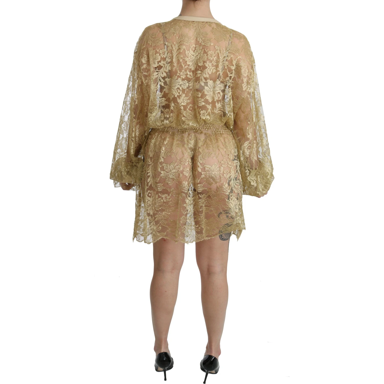 Gold Lace See Through A-Line Knee Length Dress
