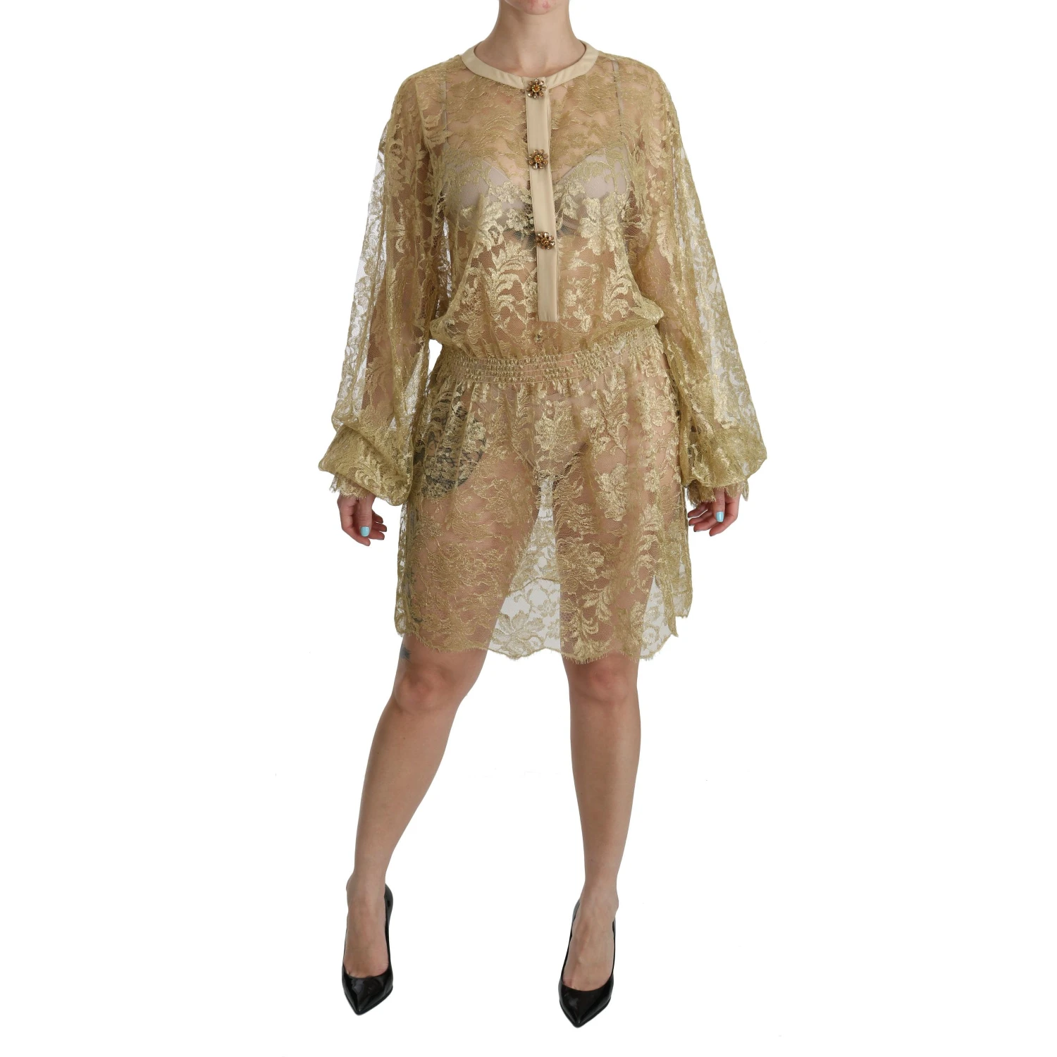 Gold Lace See Through A-Line Knee Length Dress
