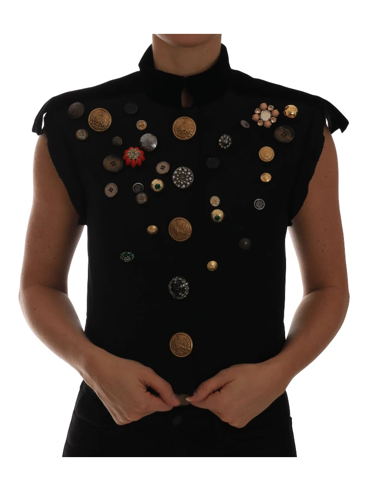 Black Embellished Floral Military Jacket Vest