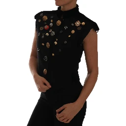 Black Embellished Floral Military Jacket Vest