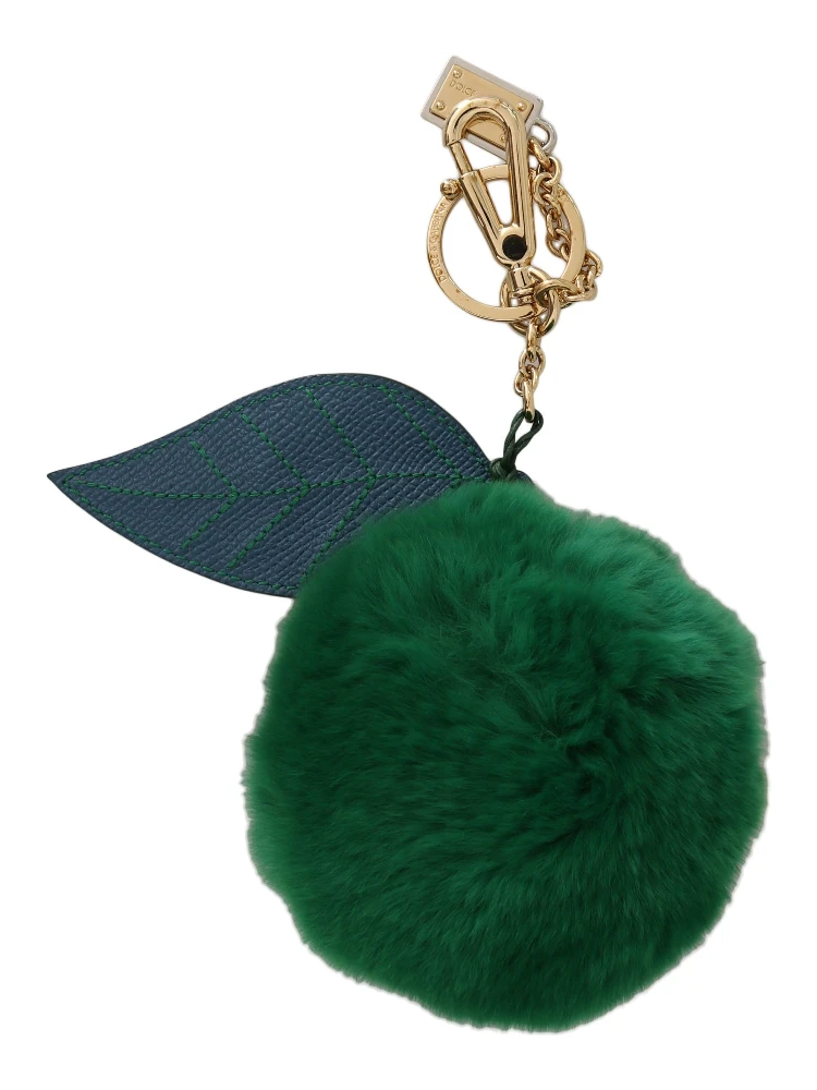 Green Leather Fur Gold Clasp Keyring Women Keychain