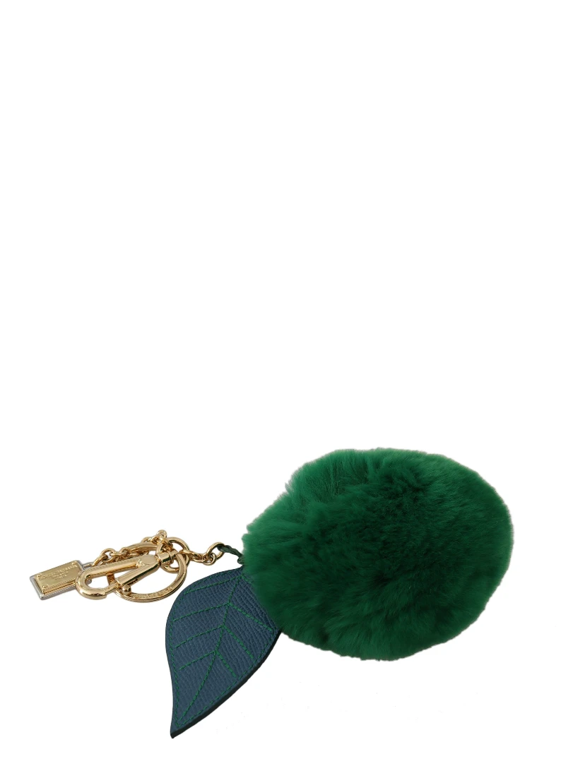 Green Leather Fur Gold Clasp Keyring Women Keychain