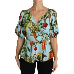 Multicolor Vegetable Print Silk Top Peplum Wrap Blouse