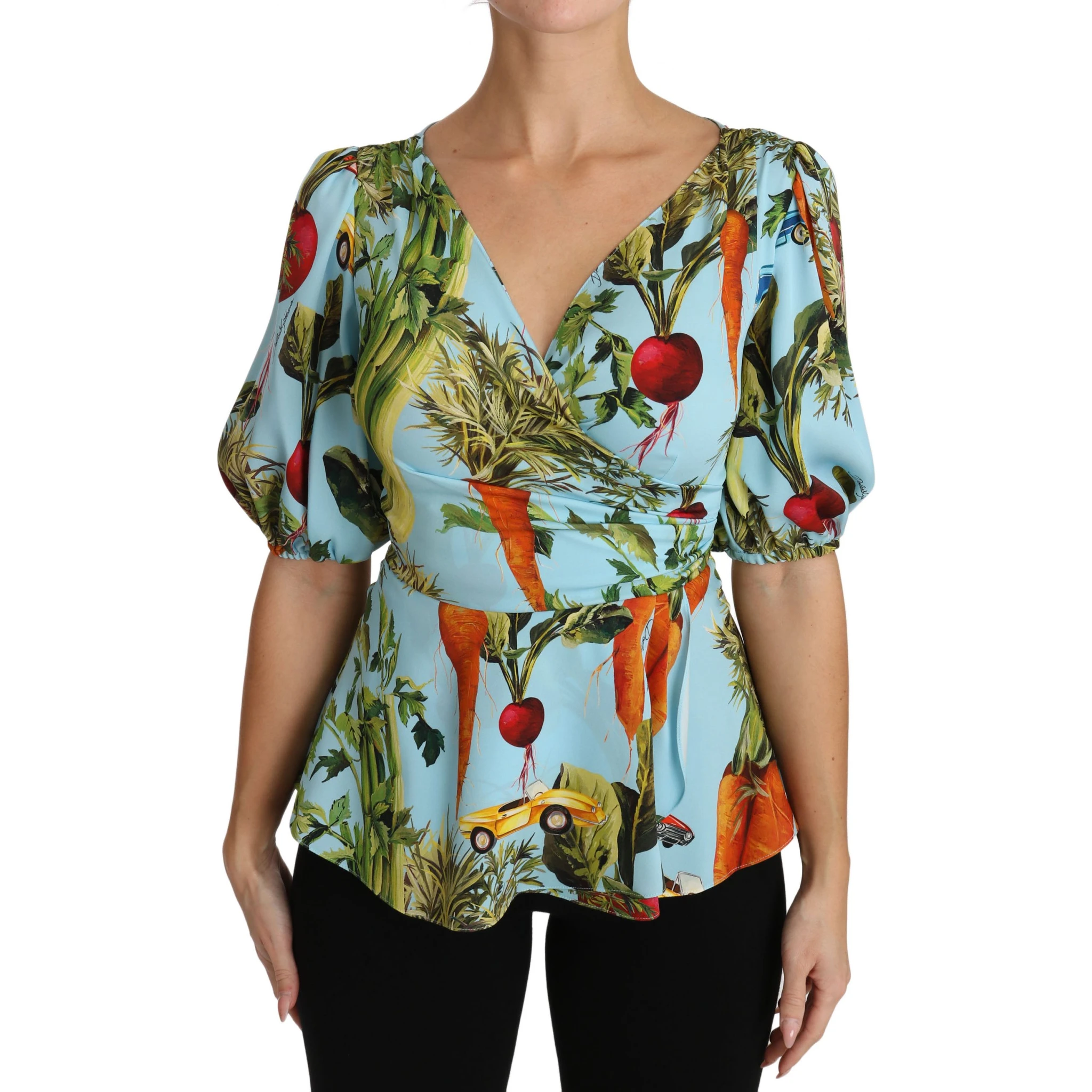 Multicolor Vegetable Print Silk Top Peplum Wrap Blouse