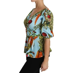 Multicolor Vegetable Print Silk Top Peplum Wrap Blouse