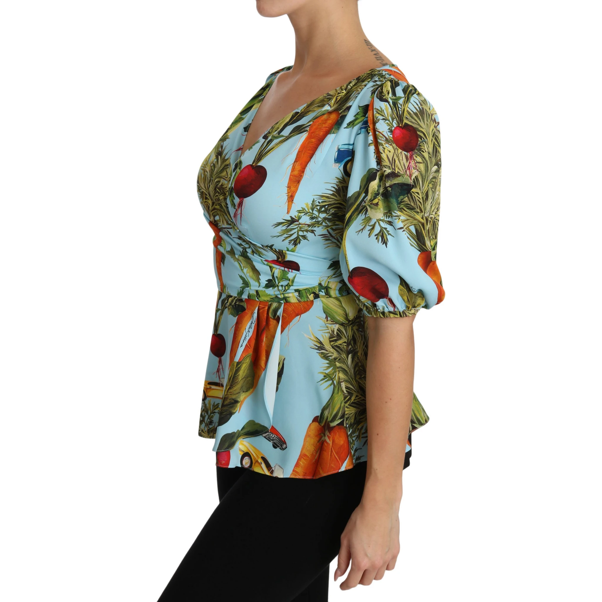 Multicolor Vegetable Print Silk Top Peplum Wrap Blouse