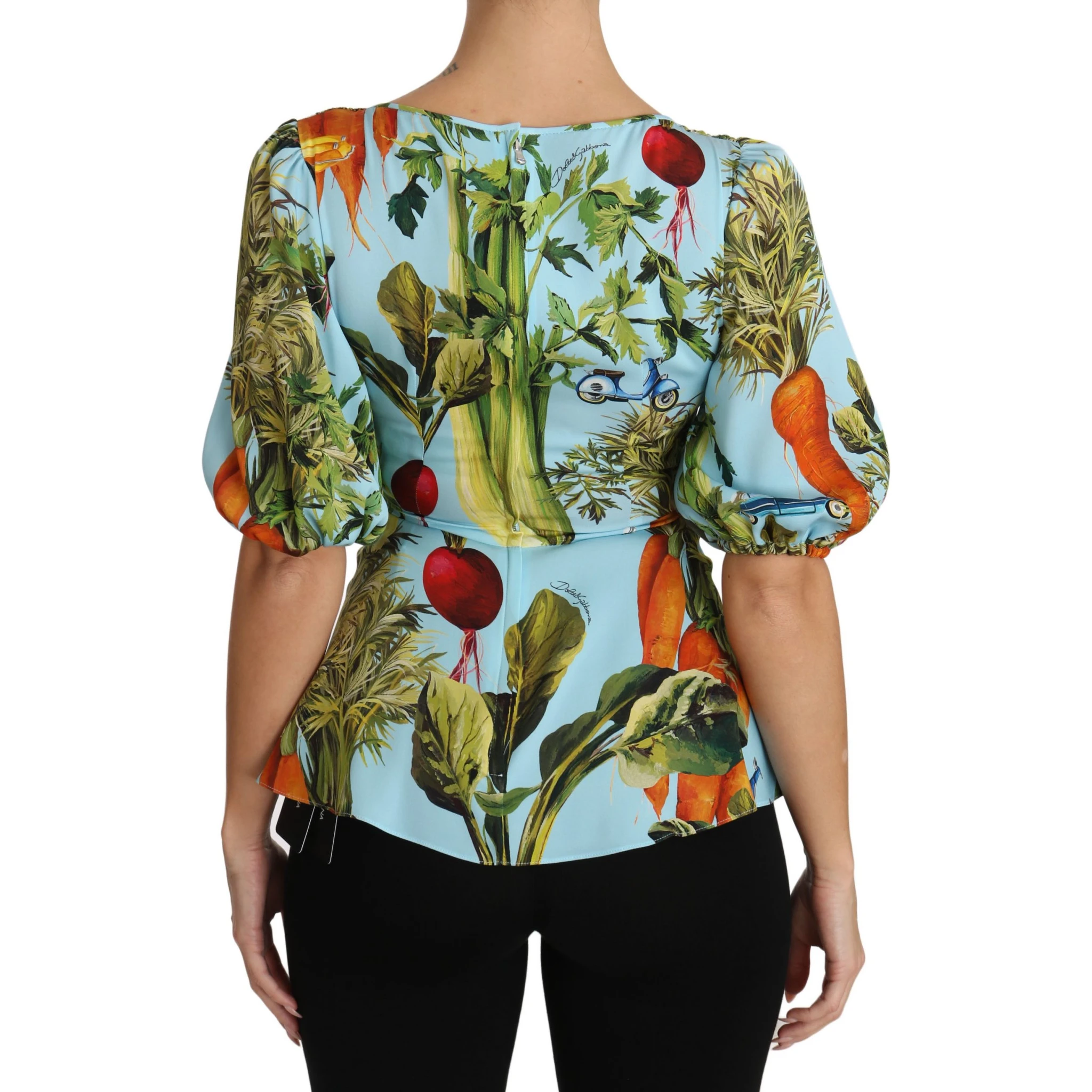 Multicolor Vegetable Print Silk Top Peplum Wrap Blouse