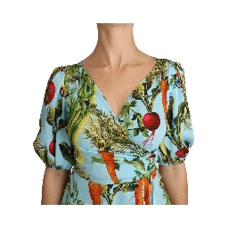 Multicolor Vegetable Print Silk Top Peplum Wrap Blouse