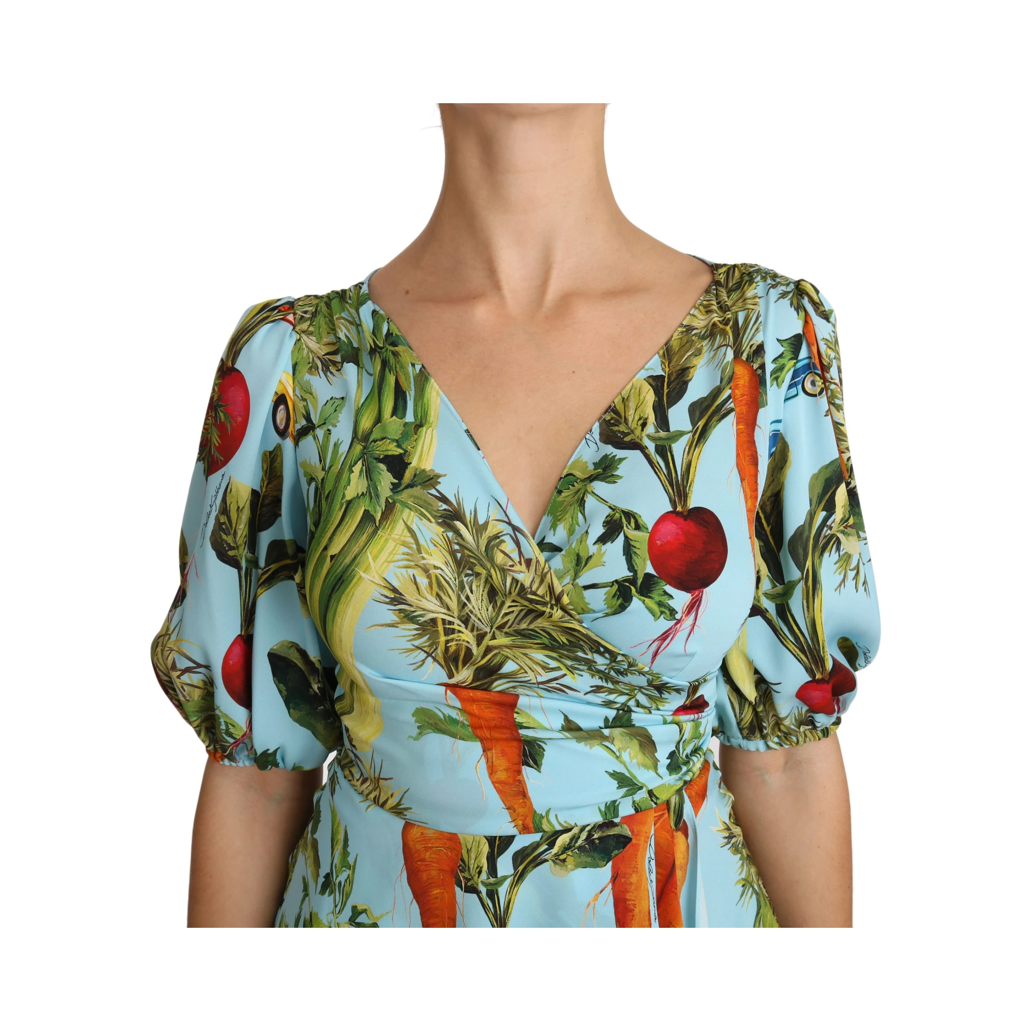 Multicolor Vegetable Print Silk Top Peplum Wrap Blouse