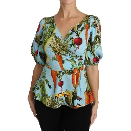 Multicolor Vegetable Print Silk Top Peplum Wrap Blouse