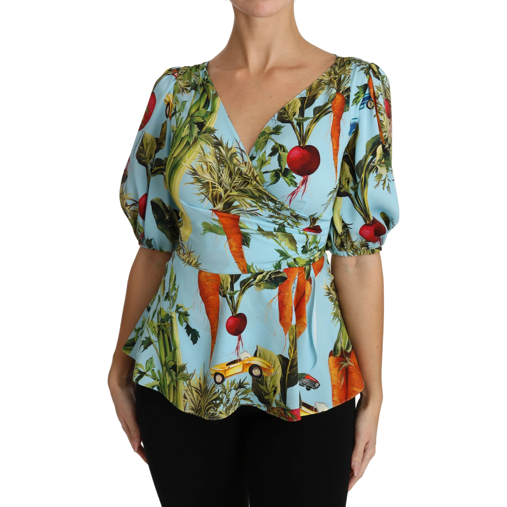 Multicolor Vegetable Print Silk Top Peplum Wrap Blouse