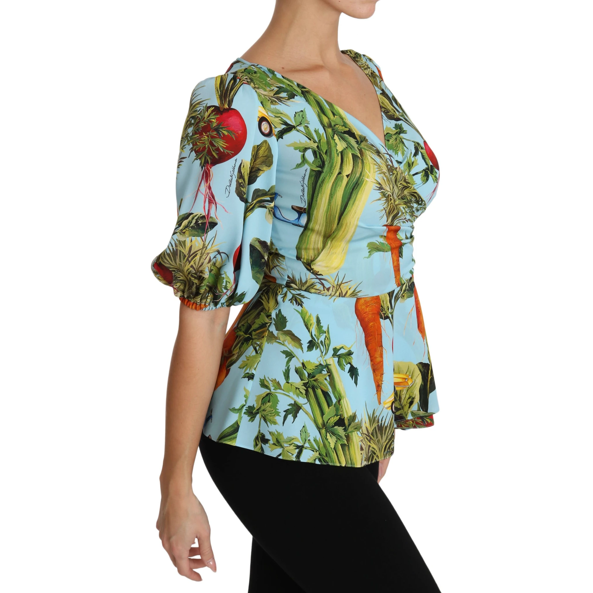 Multicolor Vegetable Print Silk Top Peplum Wrap Blouse