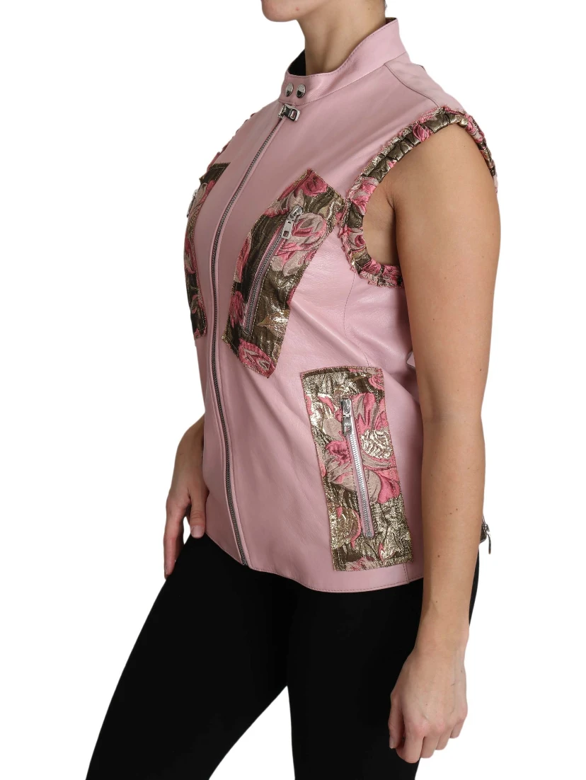 Pink Zippered Lamb Sleeveless Vest Leather Jacket