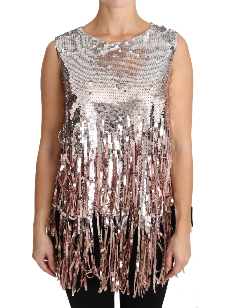 Golden Pink Sequined Fringe Tank Top