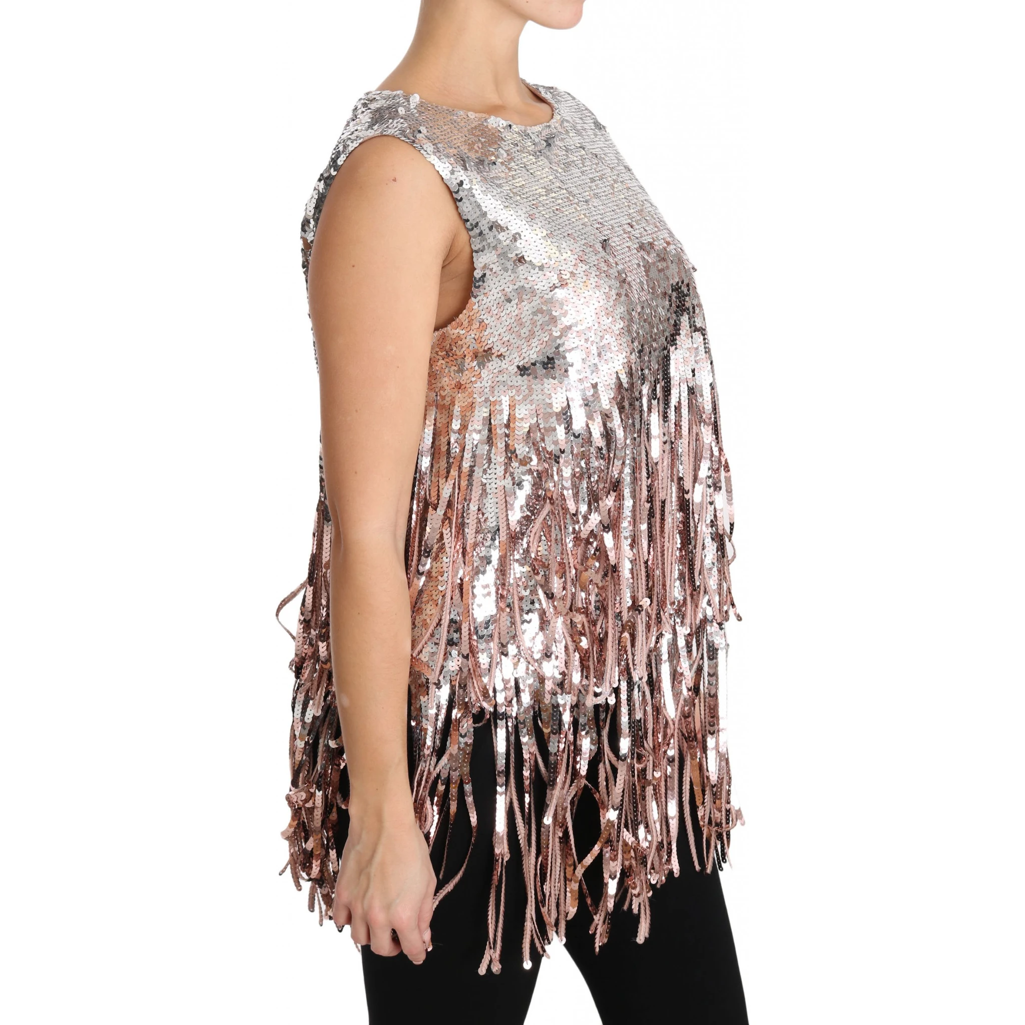 Golden Pink Sequined Fringe Tank Top