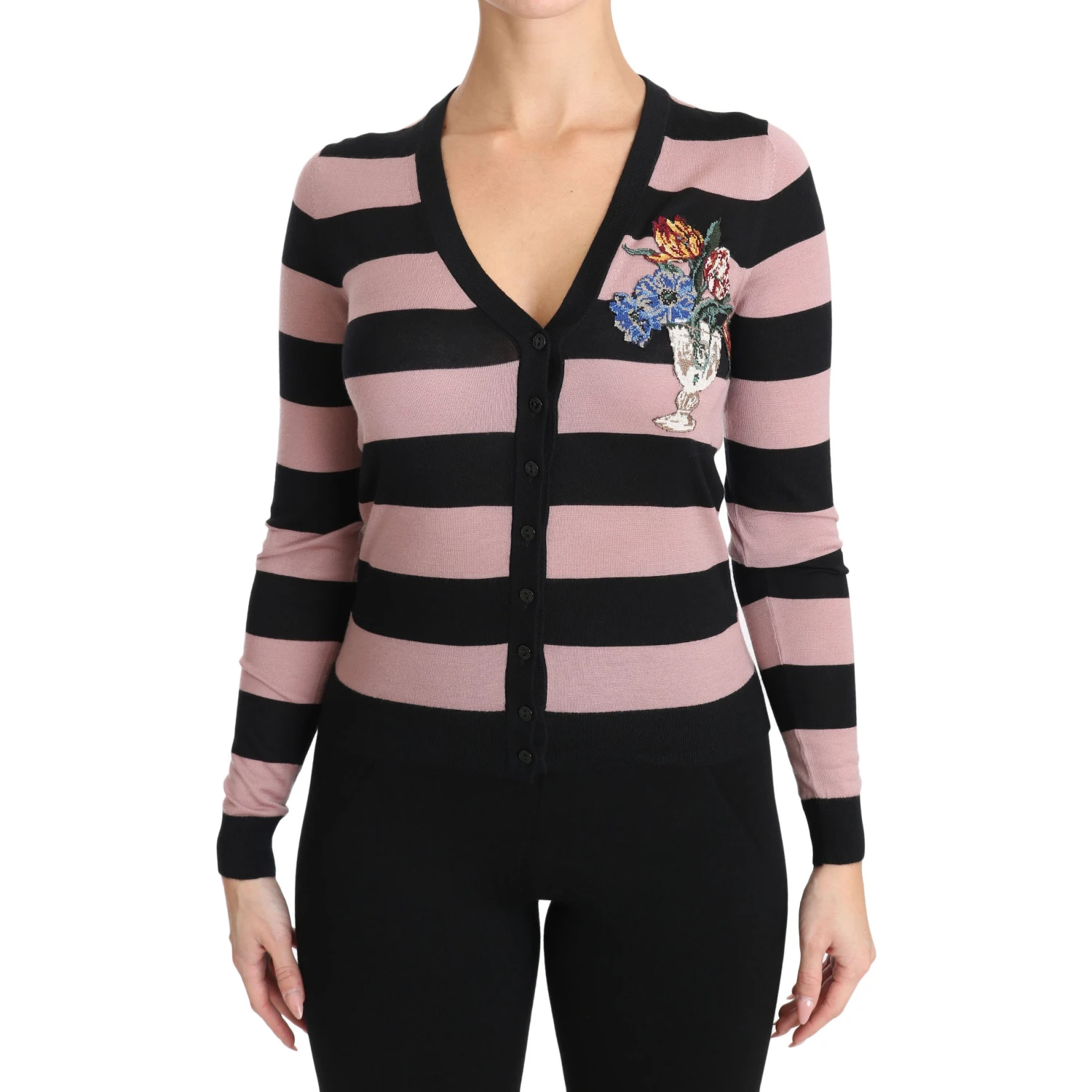 Pink Floral Cashmere Cardigan Sweater
