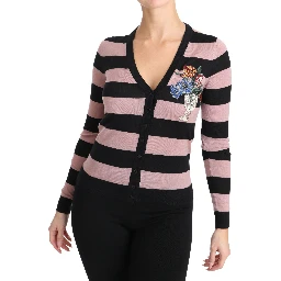 Pink Floral Cashmere Cardigan Sweater
