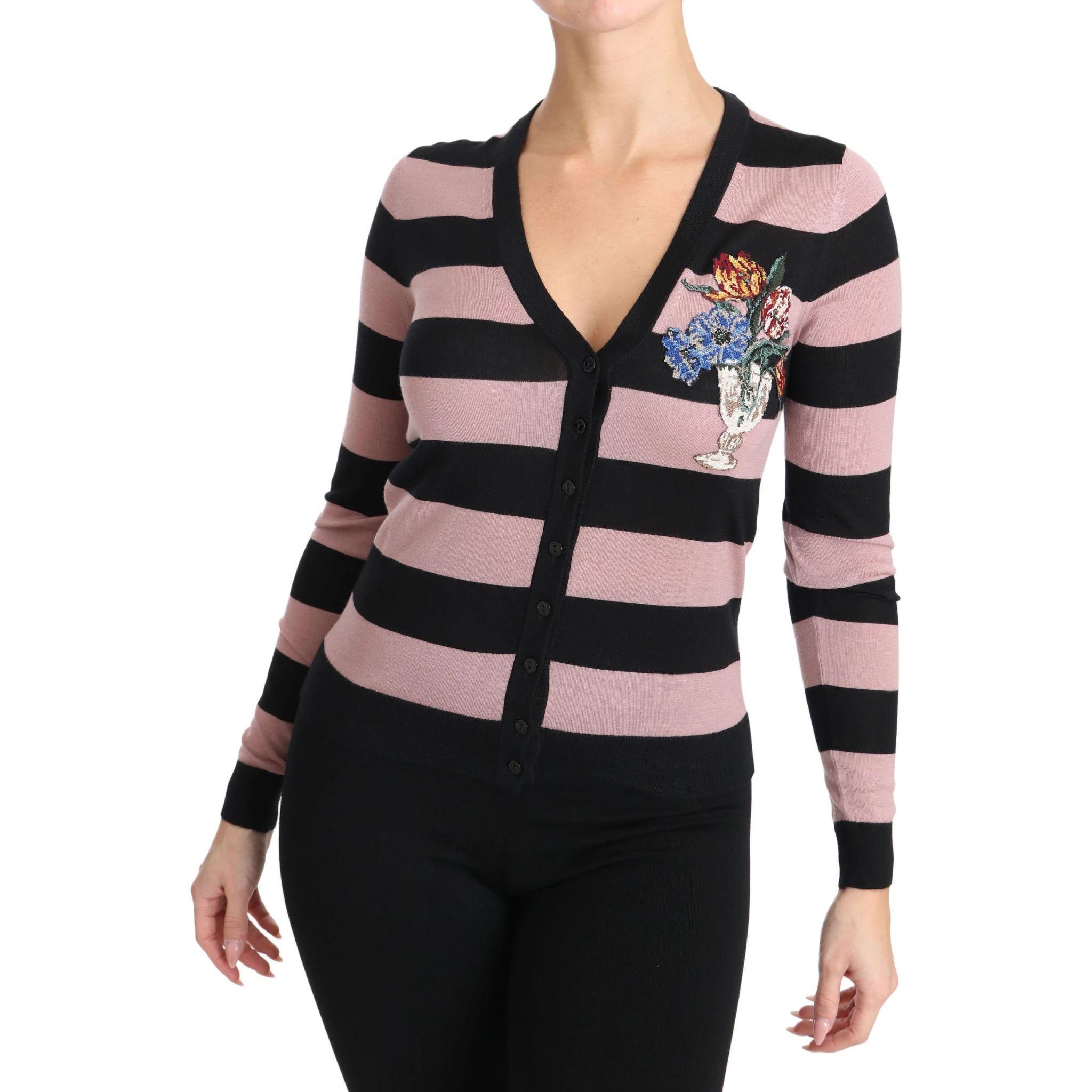 Pink Floral Cashmere Cardigan Sweater