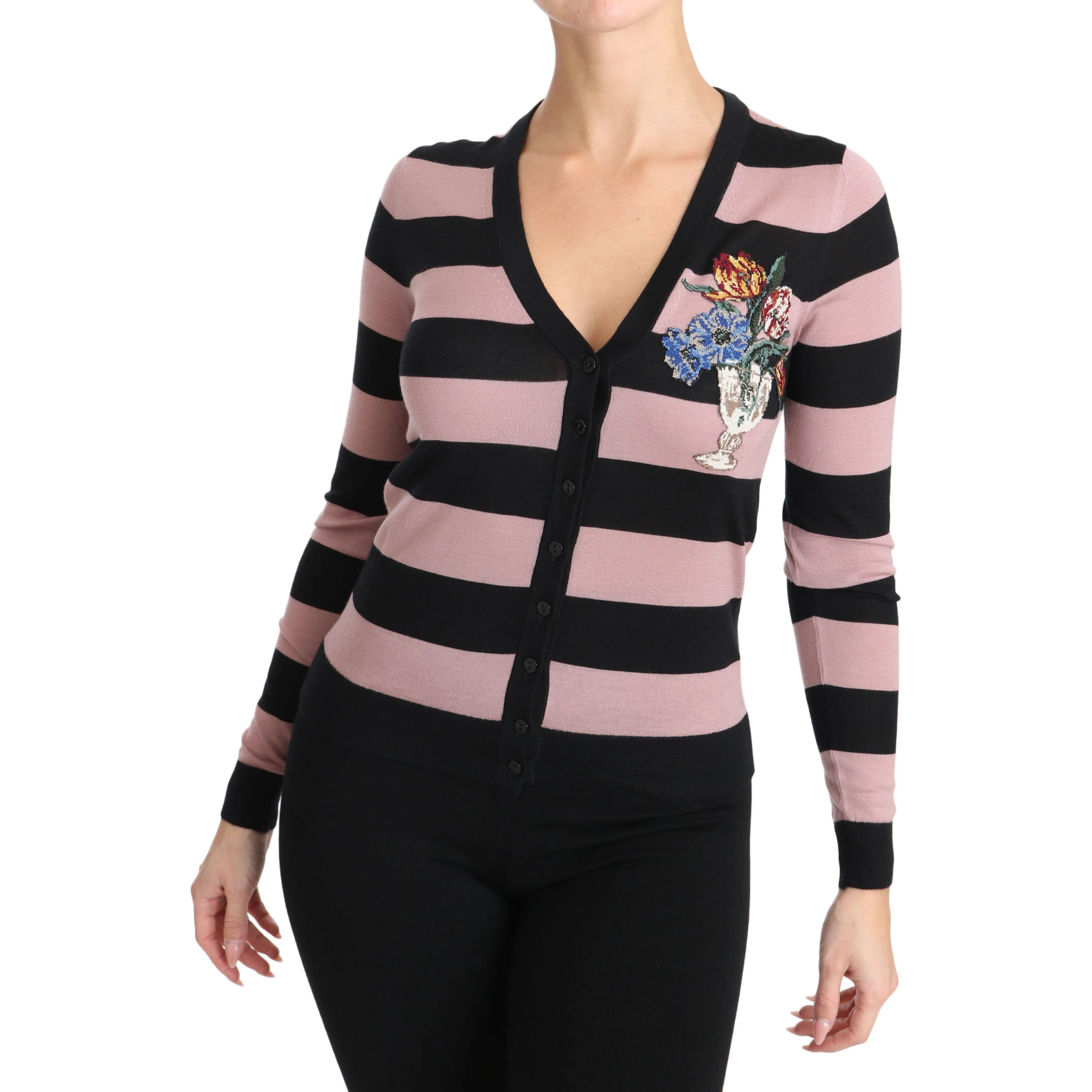Pink Floral Cashmere Cardigan Sweater