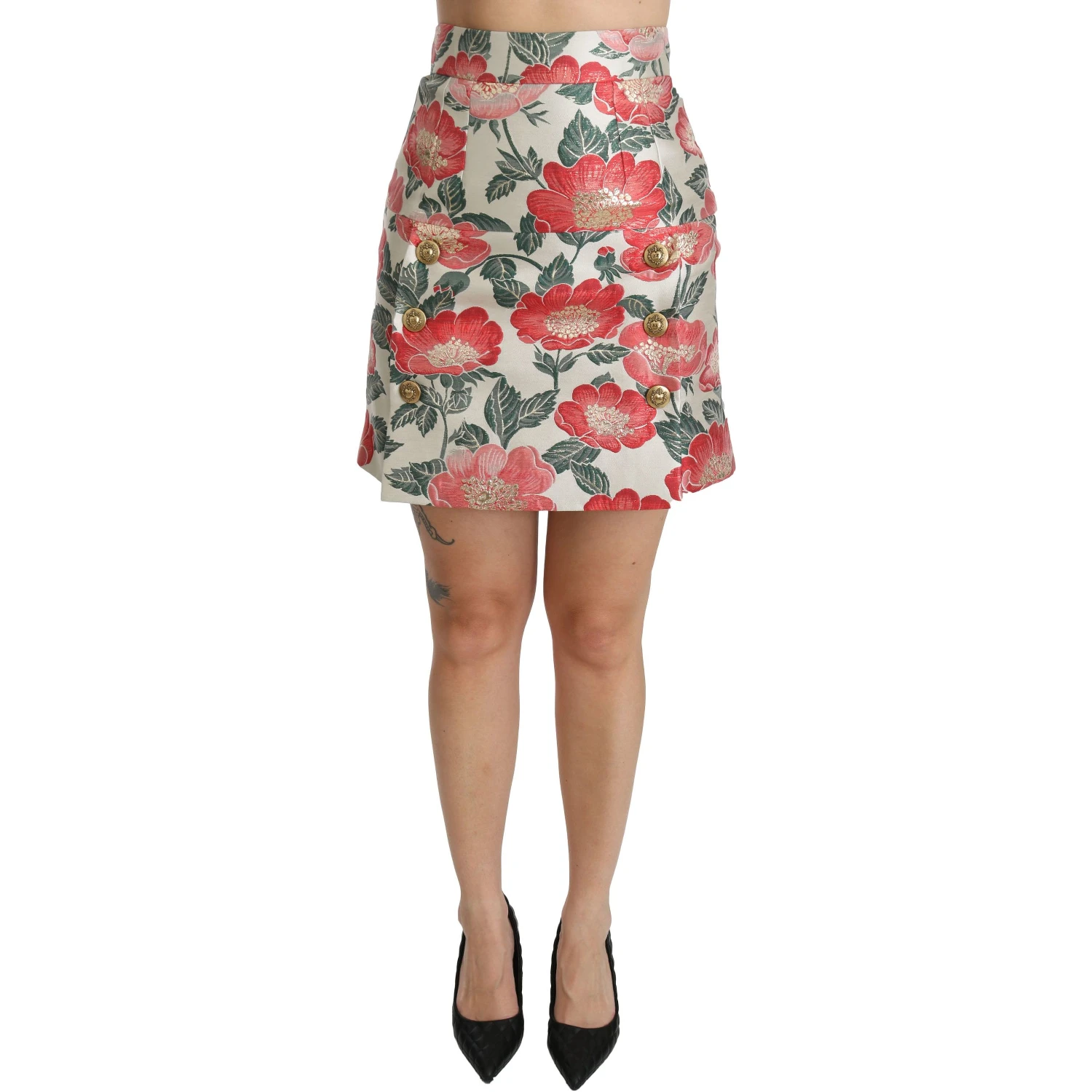 White Green Red Floral High Waist Mini Skirt