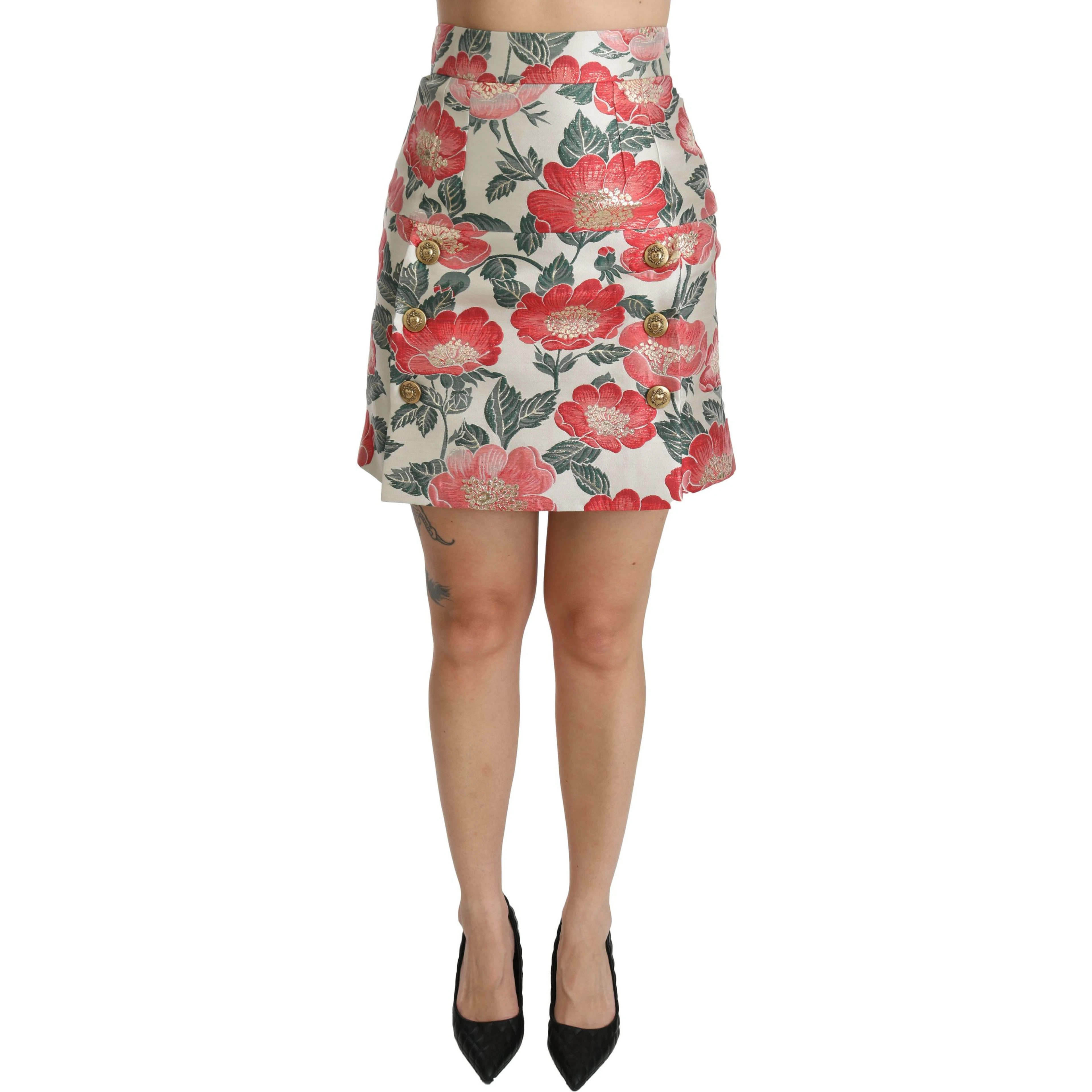 White Green Red Floral High Waist Mini Skirt