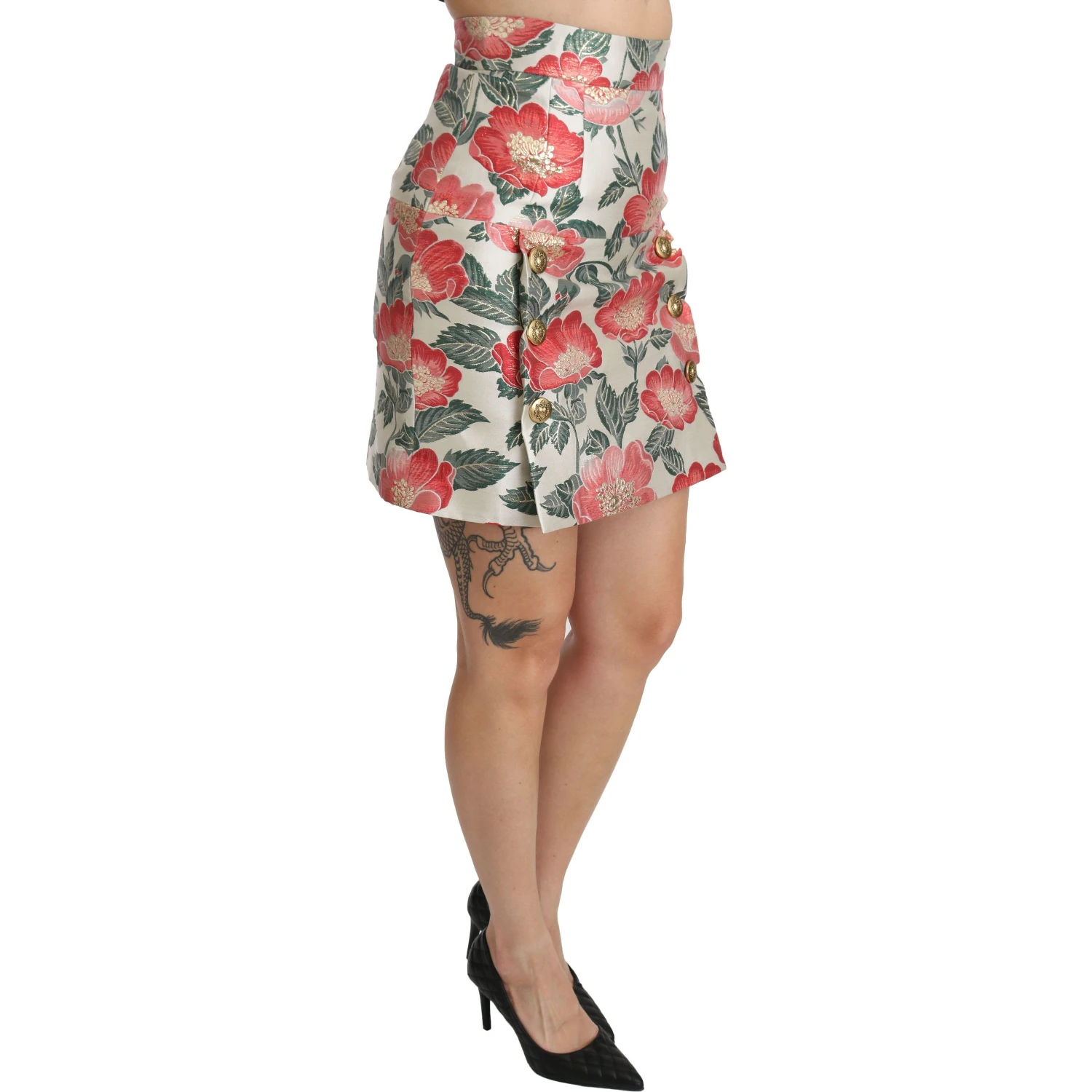 White Green Red Floral High Waist Mini Skirt