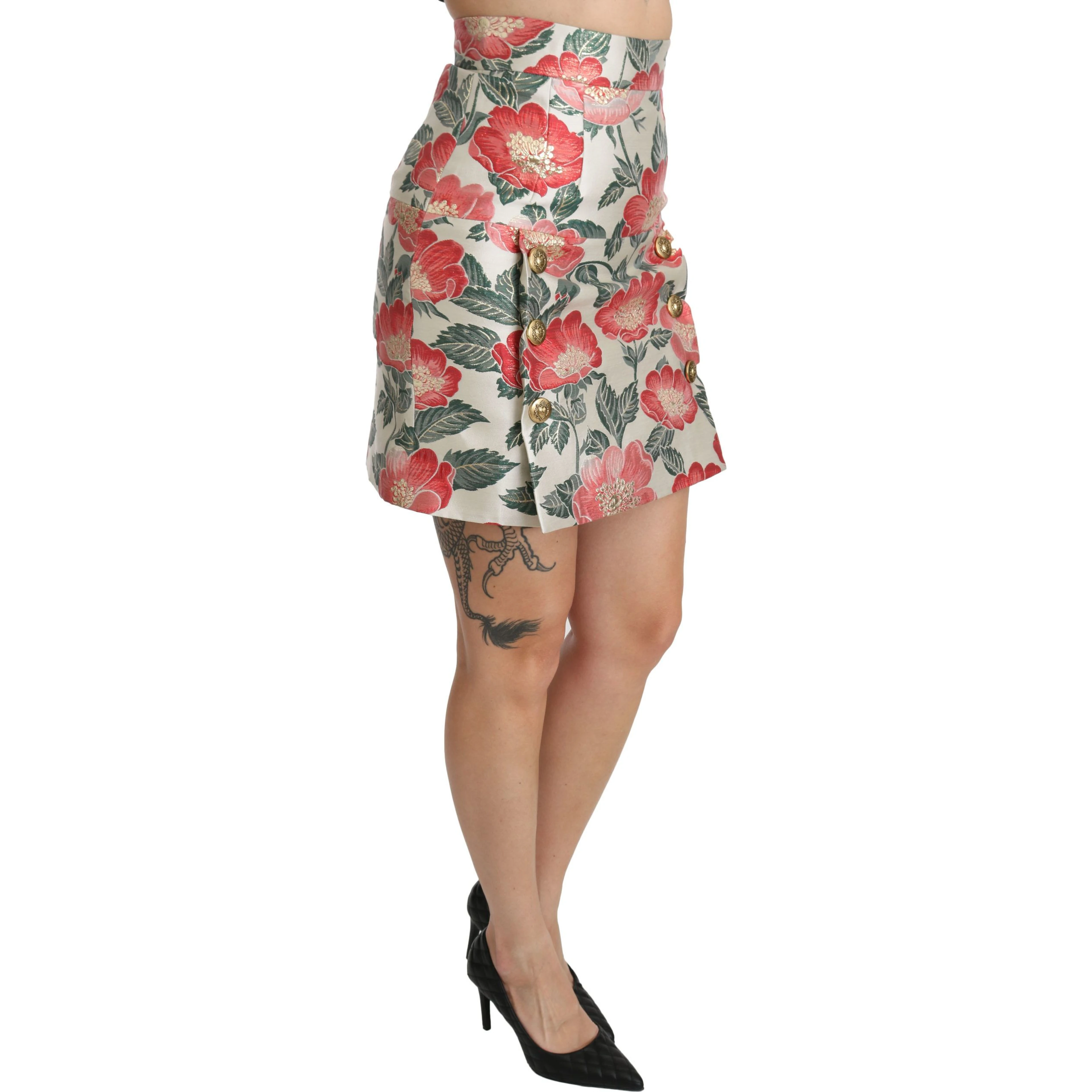 White Green Red Floral High Waist Mini Skirt