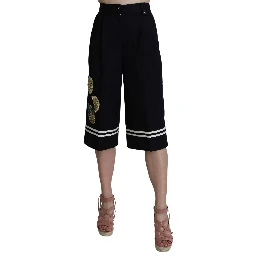 Black Cotton Cropped Embellished Pants